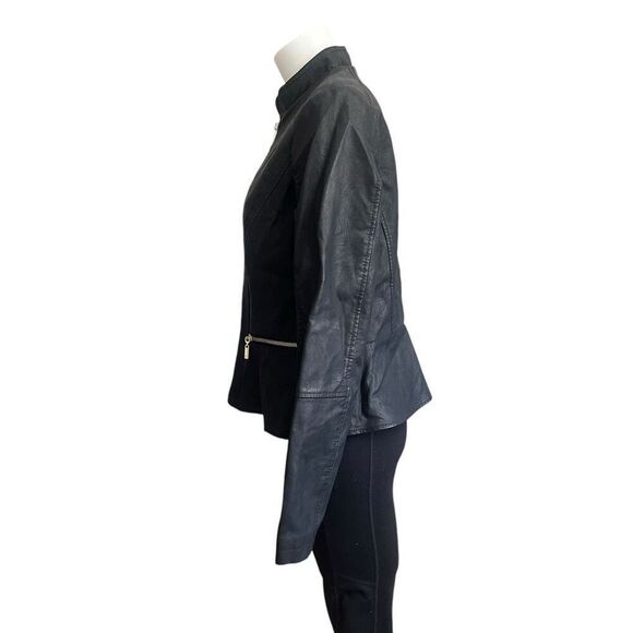Baccini Black Zip Faux Leather Black Jean Jacket Peplum Style Medium New - Picture 4 of 10